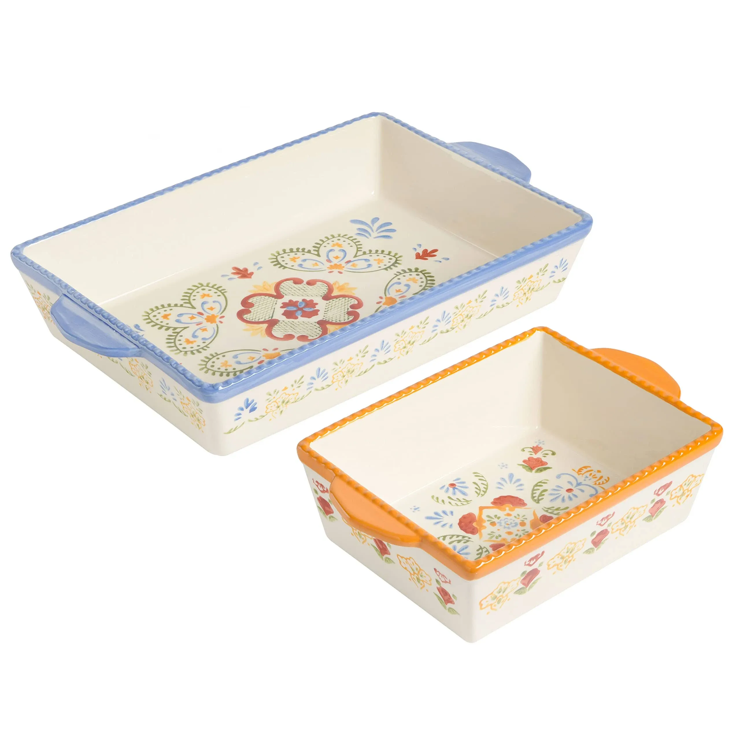 Laurie Gates Tierra Hand Painted 2 Piece 3.9 Qt and 1.6 Qt Rectangular Bakeware Set