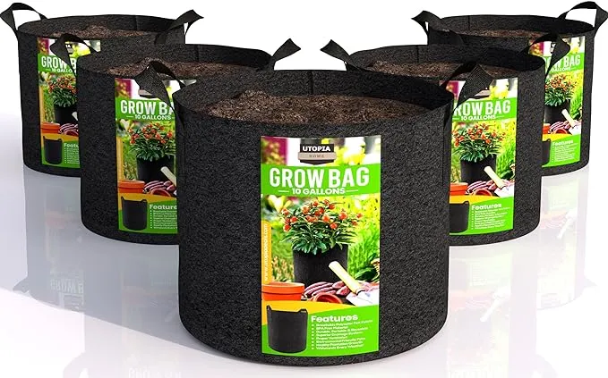 Utopia Home 5-Pack 3 Gallon Fabric Grow Bags, 300G Thickened Nonwoven Fabric Planters Pots, Aeration Fabric Pots with Handles, Nonwoven Fabric Bags Suitable for Vegetables Flowers Mushroom.