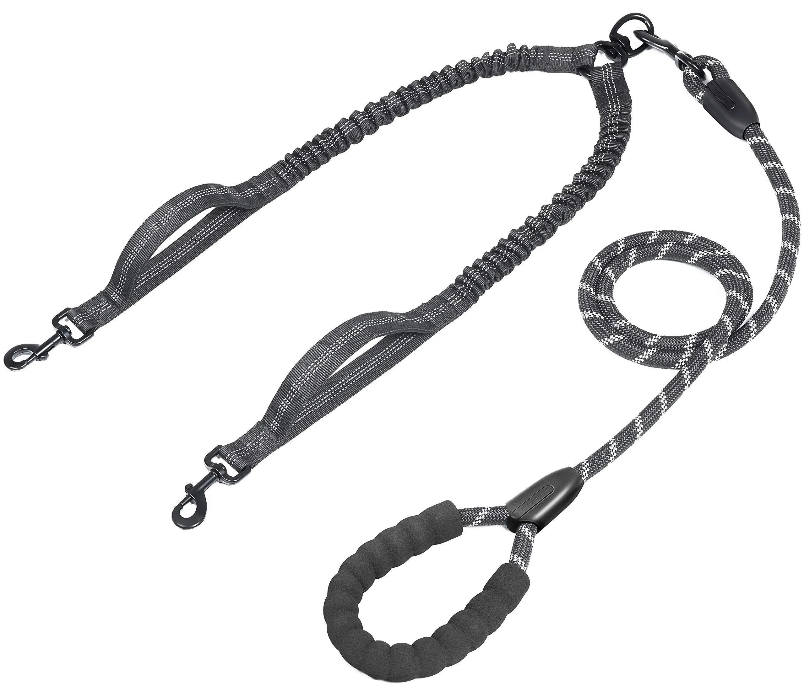 iYoPets Double Dog Leash with Two Extra Traffic Handles, 360 Swivel No Tangle Dual Dog Walking Leash, Comfortable Shock Absorbing Reflective Bungee