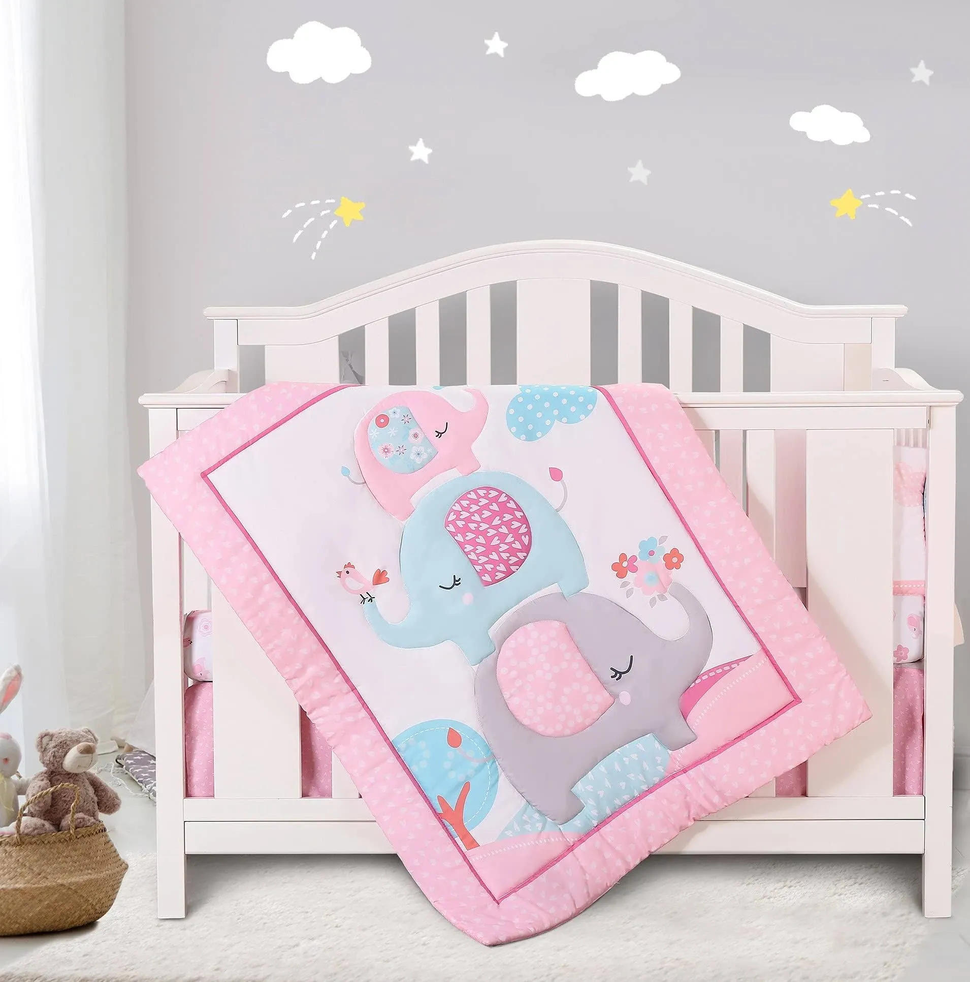 Honkaii Elephant Crib Bedding Set 4Pcs for Girls with 4PCS, Grey 