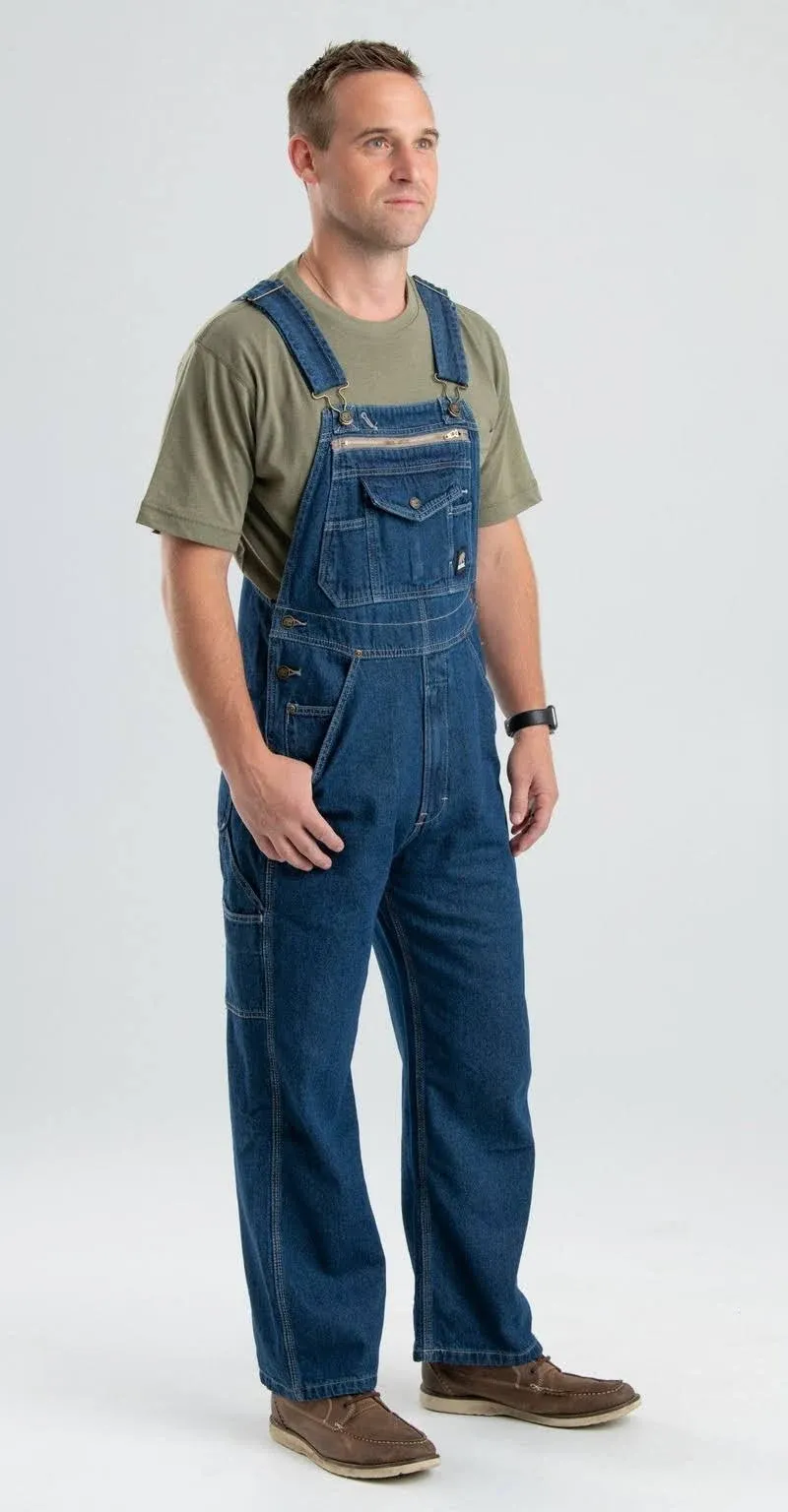 Berne Men's Unlined Washed Denim Bib Overalls - Stone Wash Dark