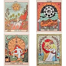 ZeeDix 4 Pcs Tarot Flag Tapestry- Small Tarot Card Europe Mysterious Medieval Tapestry, The Strength, The Sun, The Moon, The Star Astrology Divination Tapestry for Home Room with Seamless Nails