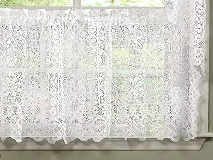 Sweet Home Collection Old World Style Floral Heavy Lace Kitchen Curtain, 36" Tier, Hopewell White