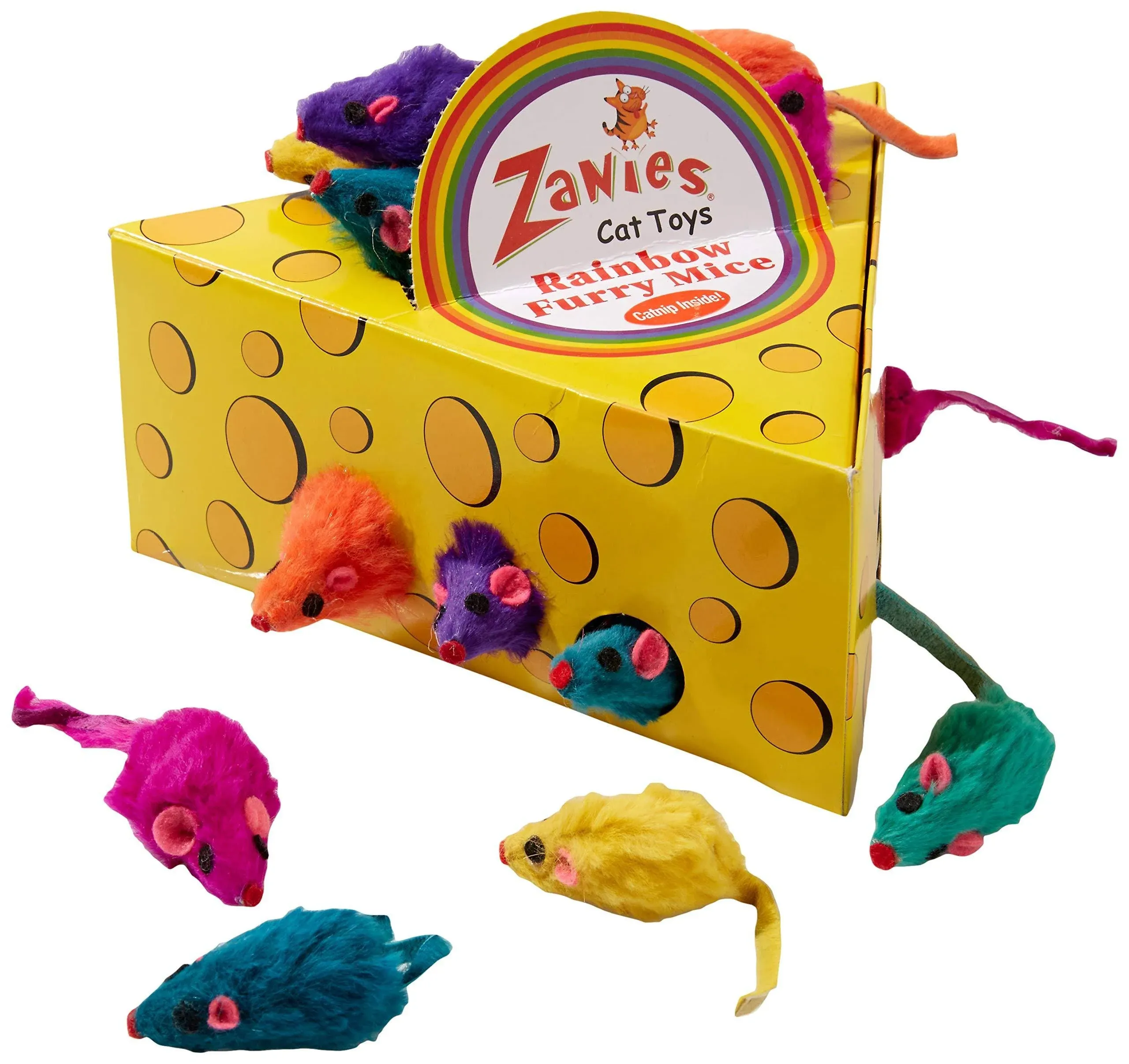 Cat Mice Toy - Rainbow Furry Mice - Cheese Wedge Display Box - Zanies