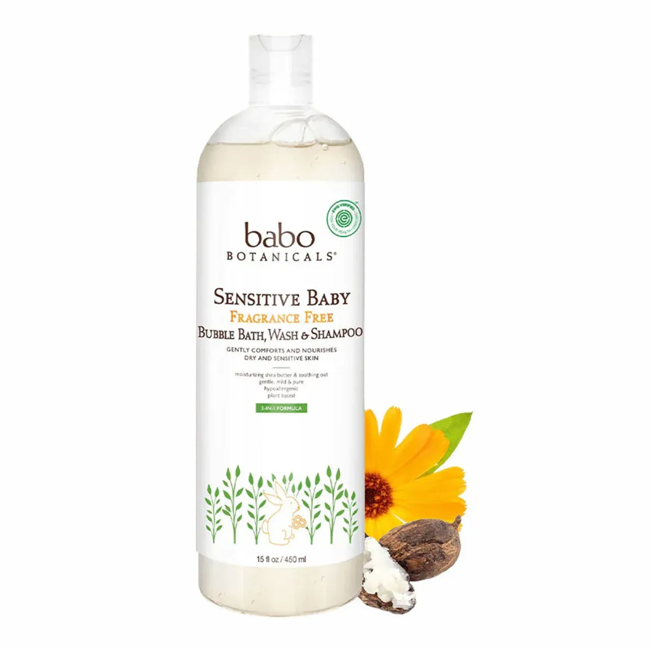 Babo Botanicals Sensitive Baby Fragrance Free Bubble Bath, Wash, &amp; Sham, 15.0 OZ