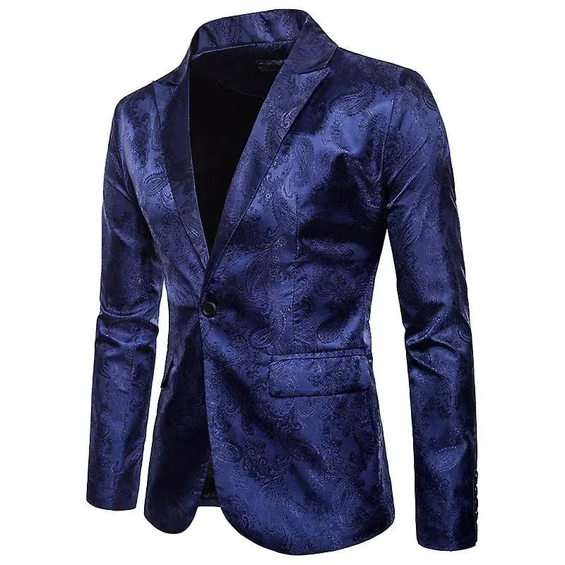 Men's Paisley Notched Lapel Blazer Slim Fit Suit Jacket Wedding Blue L