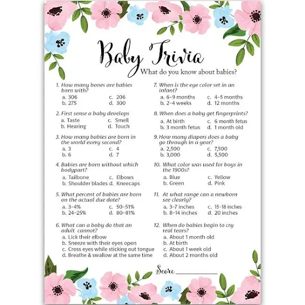 GENDER REVEAL Party Game — BABY TRIVIA Game — Pack of 25 — Pink or Blue Fun B...