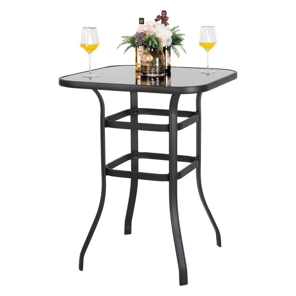 Nuu Garden Outdoor Bistro Table 32&#034; Square Black Glass Top Steel Frame Furniture