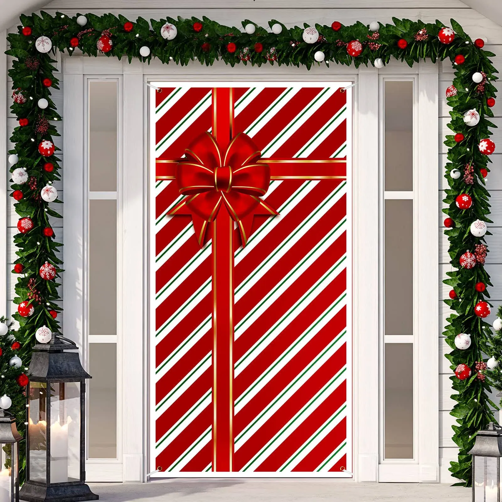 Christmas Bow Door Cover 35 x 71 Inch Indoor Outdoor Door Cover Decoration Vinyl Christmas Door Decorations Gift Box Bow Banner Cover for Front Door Porch Home Xmas Decor