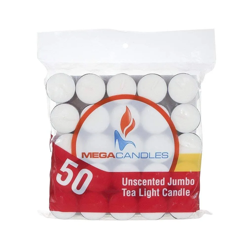 Mega Candles - Unscented Jumbo Tea Light Candles - White, Set of 50 CGA105-W