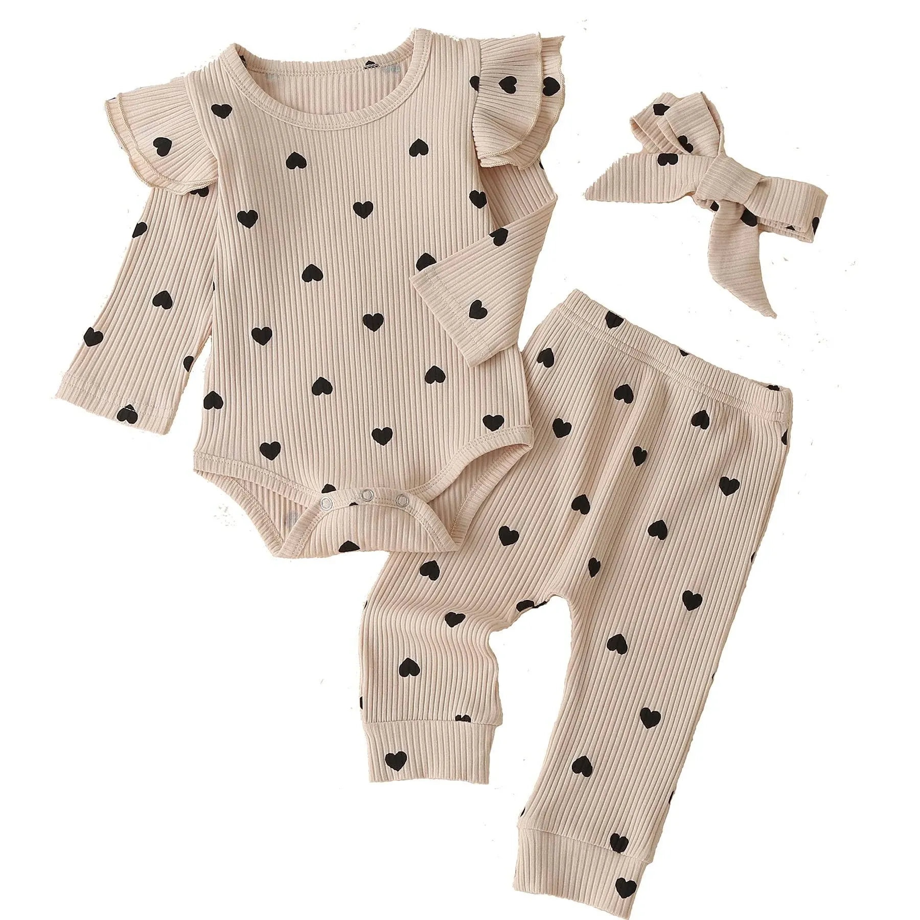 Fullfamous Baby Girl's 3PC Rib Frill Long Sleeve Romper and Pant Set