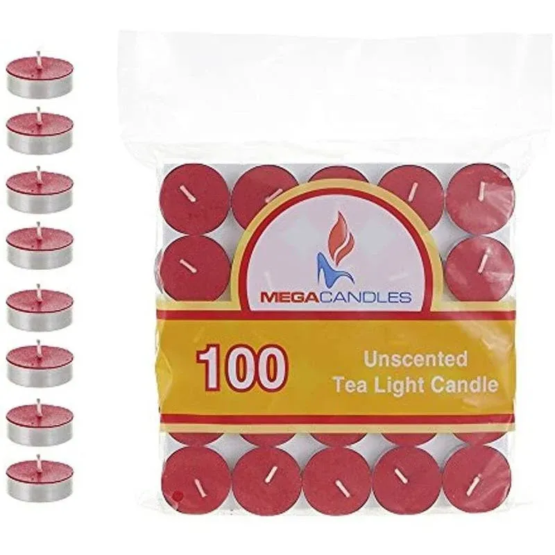 Mega Candles 50 pcs Unscented Red Tea Lights Candle, Pressed Wax 