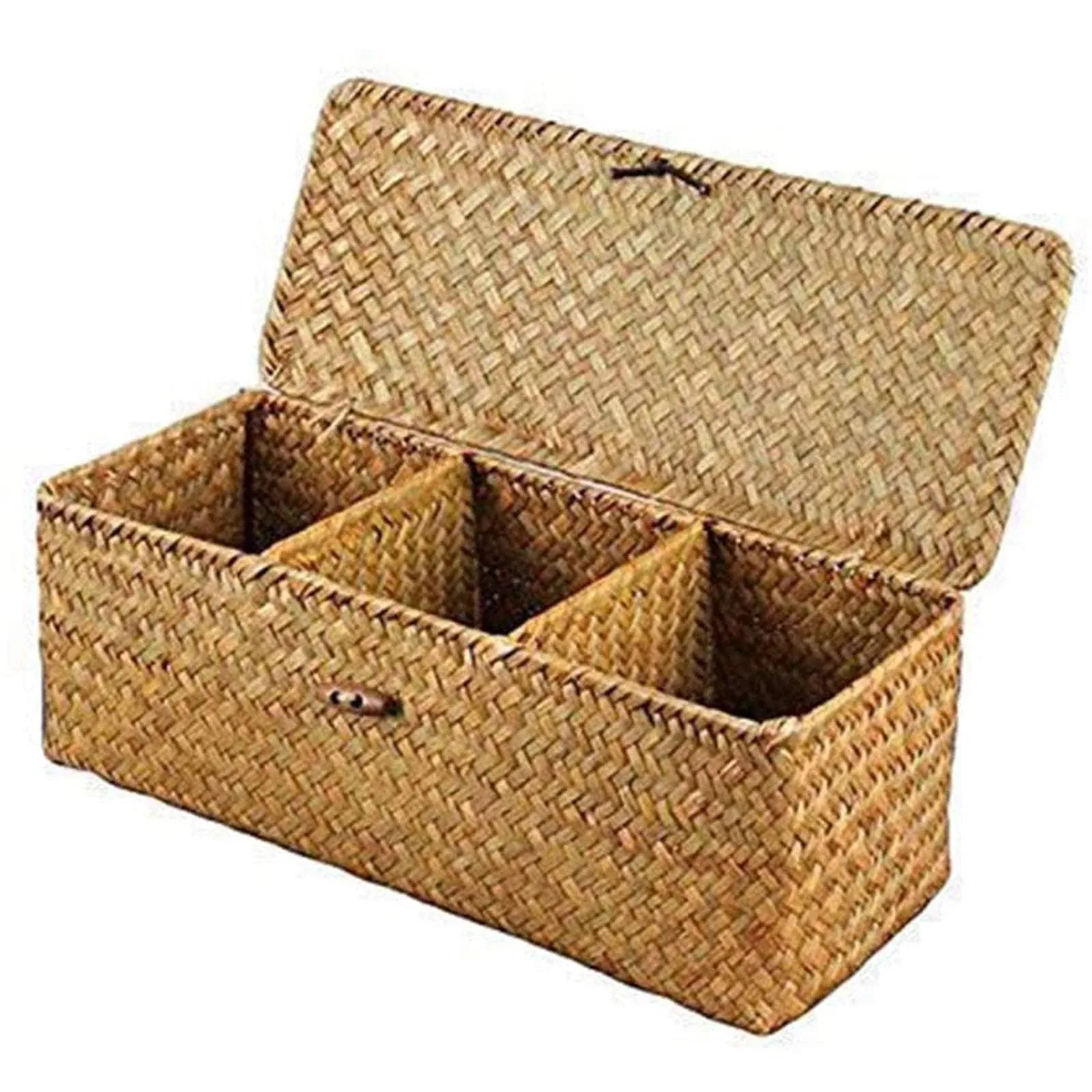 3 Grids Hand-Woven Water Hyacinth Baskets With Lid, Straw Storage Basket