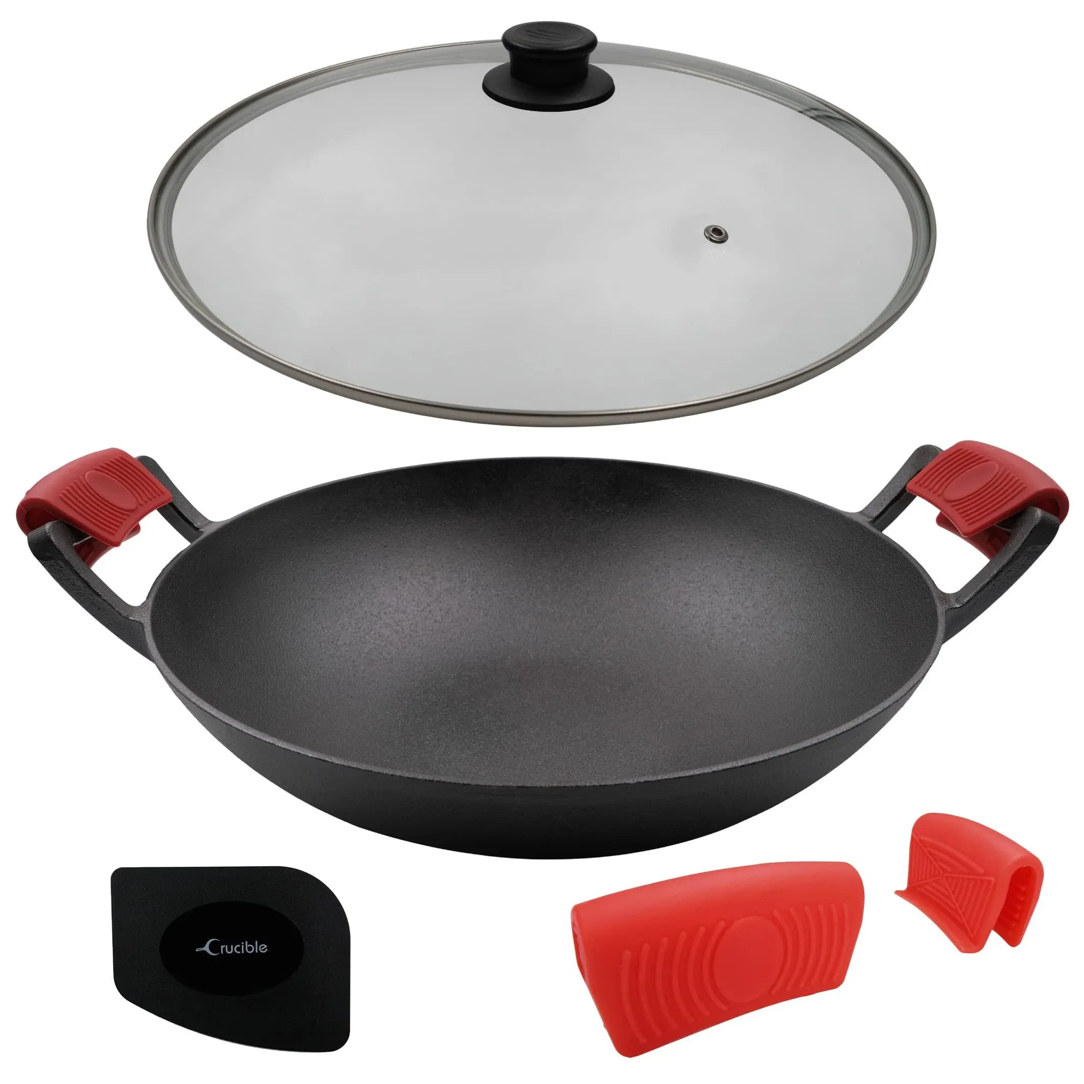 14-Inch (36 cm) Cast Iron Wok Set, Glass Lid, 2 Silicone Handle Holders, 1 Scraper