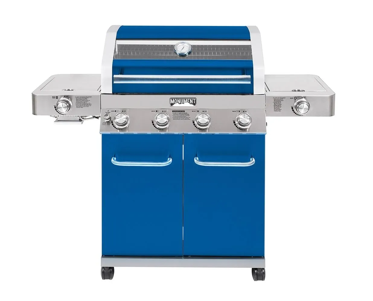 Monument Grills Larger 4-Burner Propane Gas Grills Stainless Steel Cabinet Style with Clear View Lid, LED Controls, Built in Thermometer, and Side & Infrared Side Sear Burners, Blue