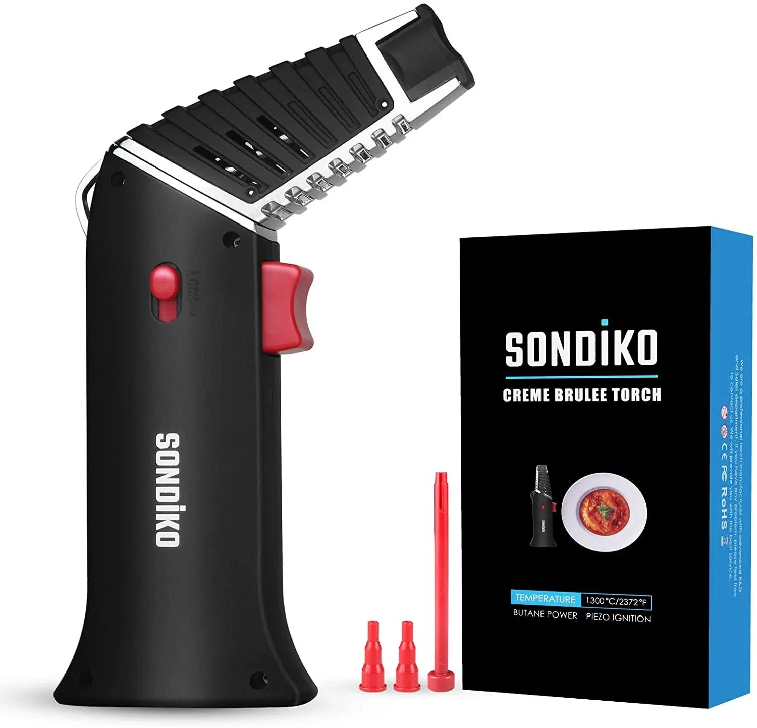 Sondiko 0-90°Rotating Angle Creme Brûlée Torch S928, Kitchen Torch Lighter with Rotatable Torch Head, Safety Lock, Adjustable Flame for Creme Brulee, BBQ, Dab(Butane Gas Not Included)