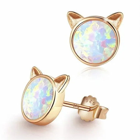 TINGN Cat Earrings for Girls Hypoallergenic Fire Opal S925 Sterling Silver with Tiny Cute Earring Jewelry Gifts for Kids Women