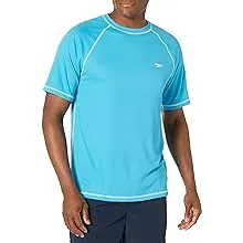 Men's UPF 50 Easy Short Sleeve Rashguard Swim Tee Cyan Blue LG Speedo