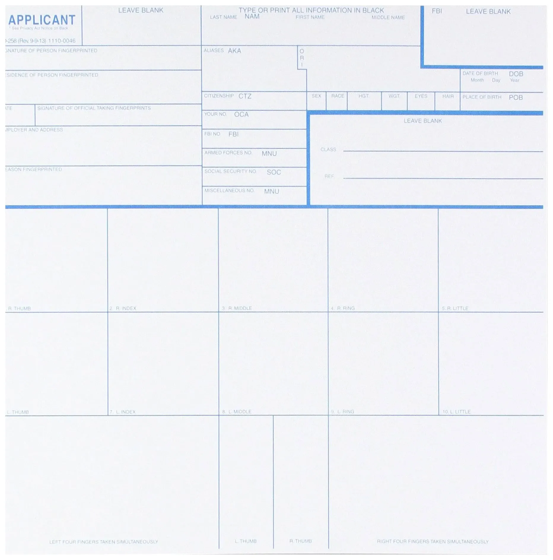 Federal Bureau of Investigation CS-10PK Fingerprint Cards, Applicant Fd-258, Pac