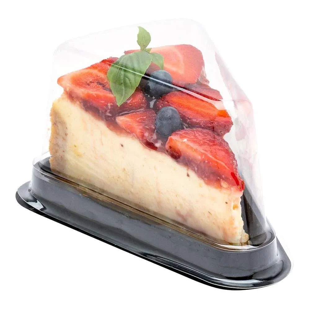 Triangle Black Plastic Cake / Dessert Tray - with Clear Cover - 5 1/2" x 4" x 3" - 100 count box