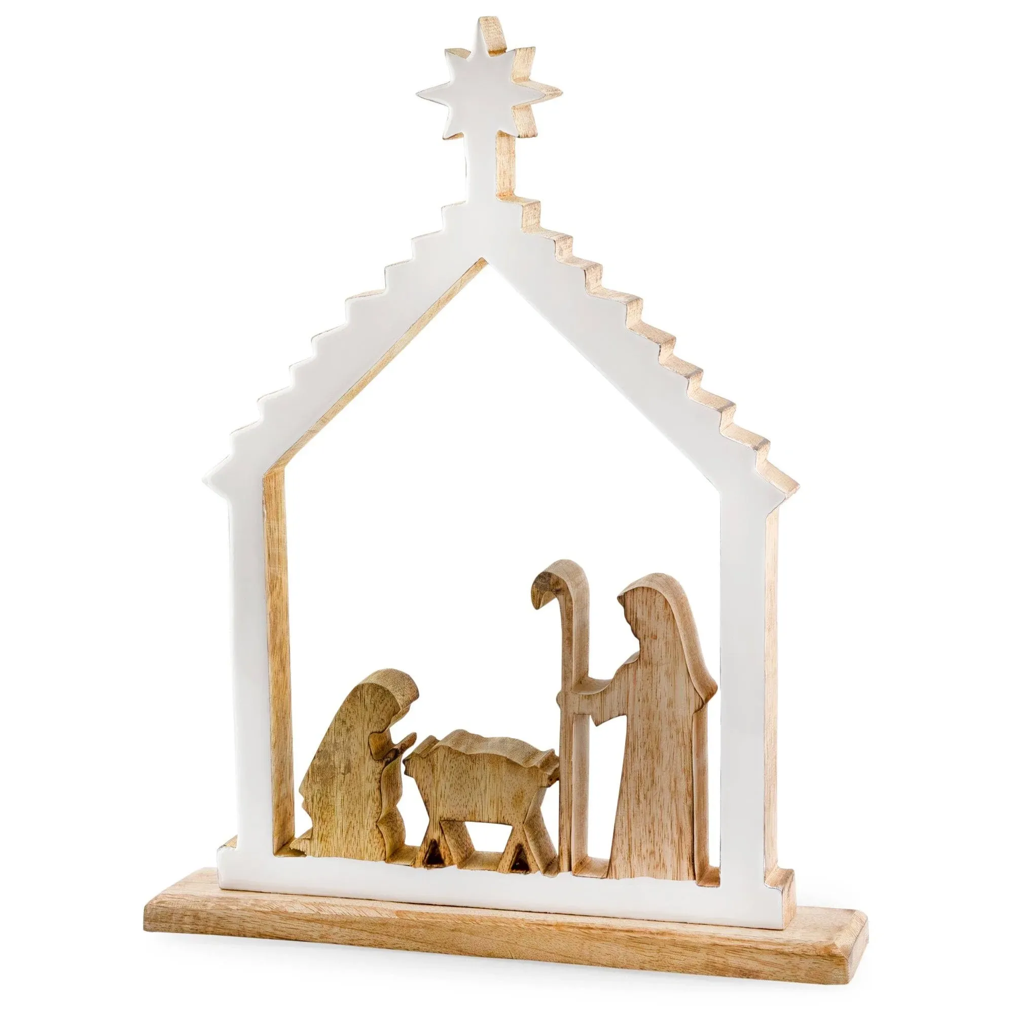 Wood Enamel Nativity Scene, Rustic Mango Wood w/ Enamel Christmas Decor Statue