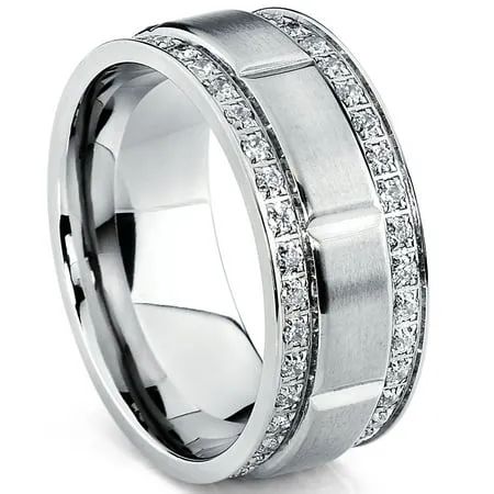 Men s Titanium Wedding Band Ring Simulated Diamond with Double Row Cubic Zirconia Comfort Fit Sizes 9MM Size 9.5