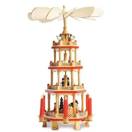 German Christmas Pyramid - 17 Inch Spinning Nativity Table Top Holiday Décor, 4-Tier Carousel with Candle Holders