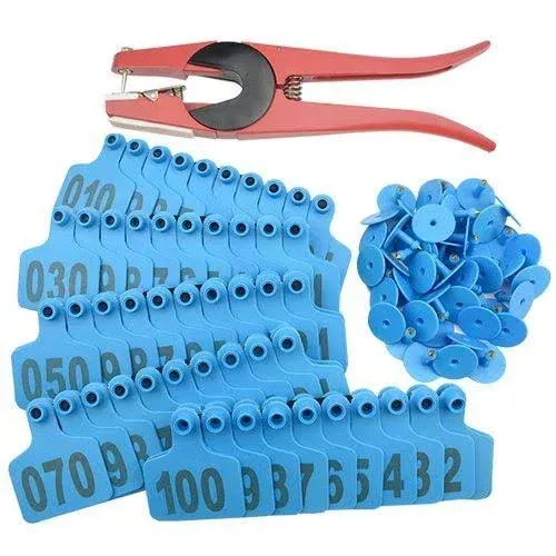 1-100 Number Plastic Livestock Blue Cow Cattle Ear Tag Animal Tag and 1 PCS E...