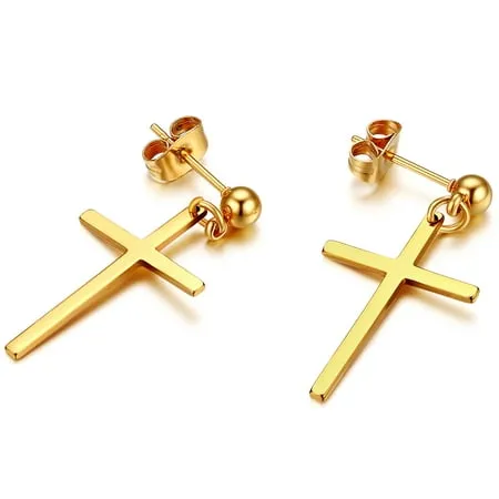 OIDEA 1 Pairs Stainless Steel Silver Cross Dangle Stud Hinged Earrings for Men Women-Gold