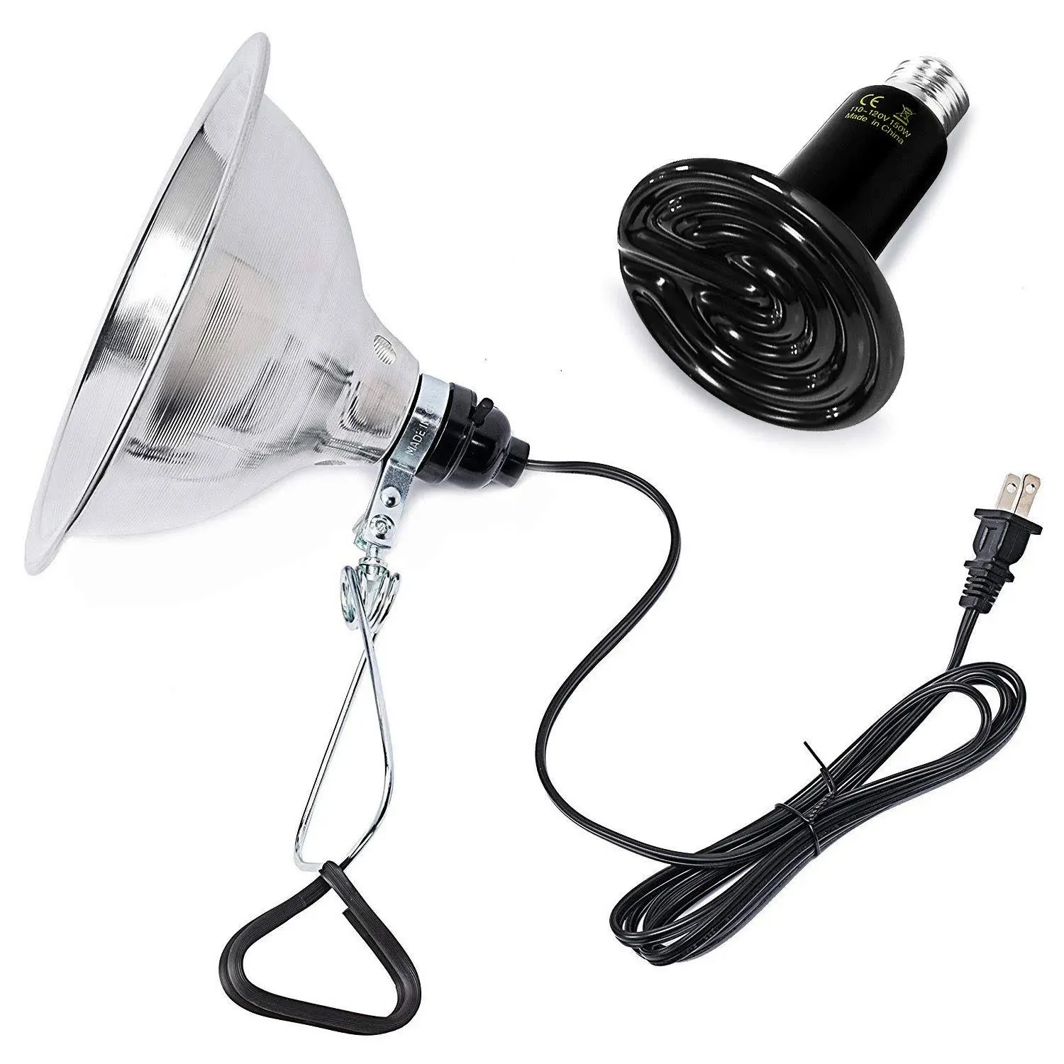 Simple Deluxe 150W Ceramic Reptile Heat Lamp Bulb & Clamp Light with 8.5" Aluminum Reflector Combo , Black