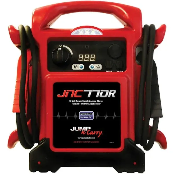 Clore Automotive Jump-N-Carry JNC770R 1700 Peak Amp Premium 12 Volt Jump Starter Bundle - Red