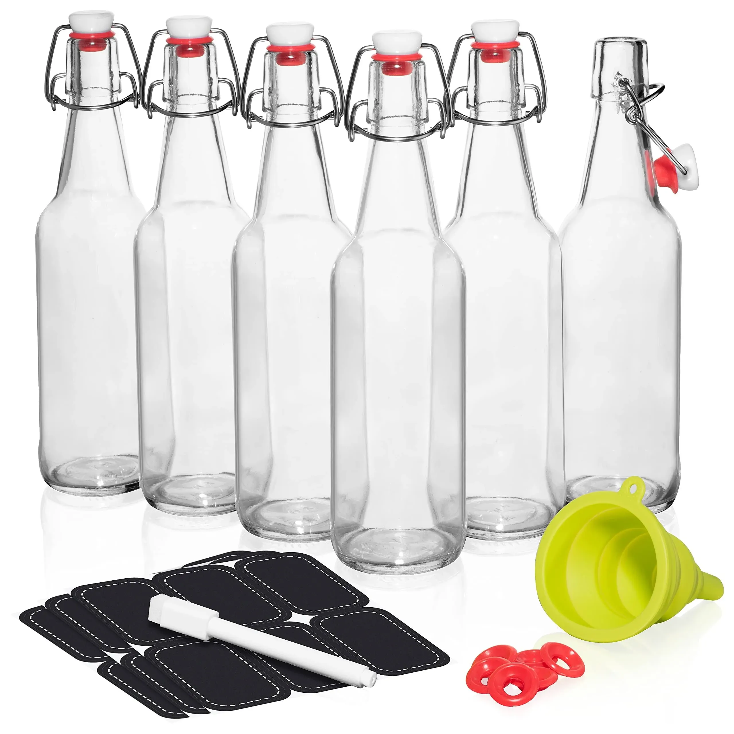 6 Pack 16oz Swing Top Glass Bottles with Airtight Cap Lids for Brewing