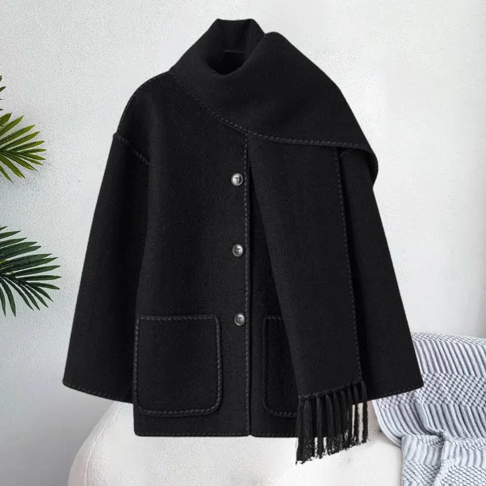 "Women's Thickened Woolen Coat With Scarf Tassel Fashion Loose Jacket Autumn And Winter Casual Lady Office Streetwear"