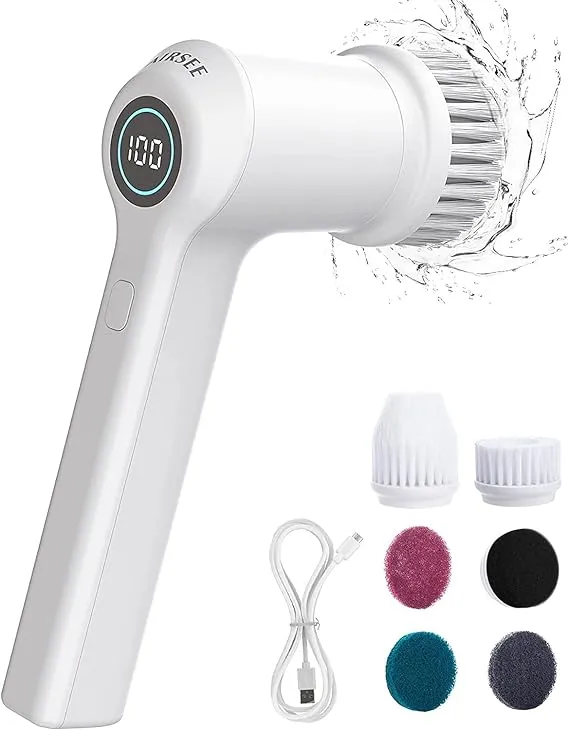 AIRSEE Cordless Electric Spin Scrubber with Battery Display, Handheld Power Shower Cleaner Brush, 2 speeds, 6 Replaceable Brush Heads for Cleaning Floors, Windows, Bathroom Bathtubs, Kitchen, Car