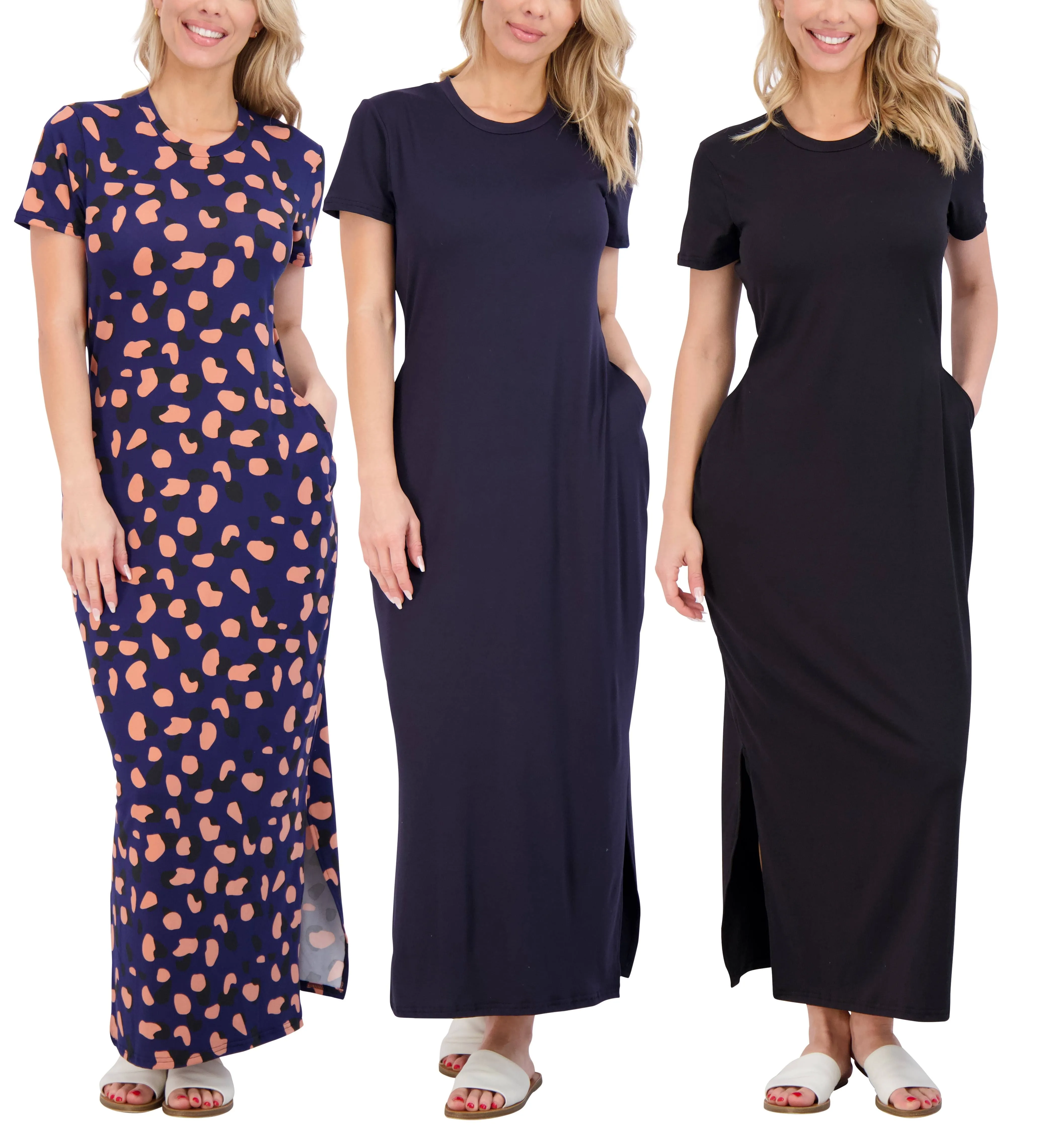 Real Essentials 3-Pack: Women’s Casual Short Sleeve Maxi T-Shirt Dress – Summer ...