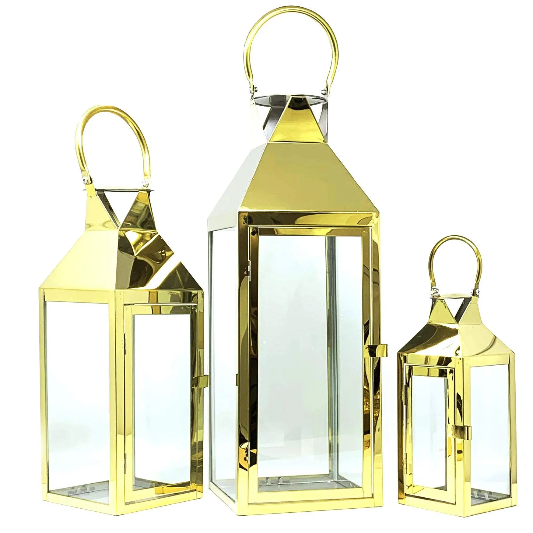 Allgala 3-PC Set Jumbo Luxury Modern Indoor/Outdoor Hurricane Candle Lantern Set with Chrome Plated Structure and Tempered Glass-Pyramid Top