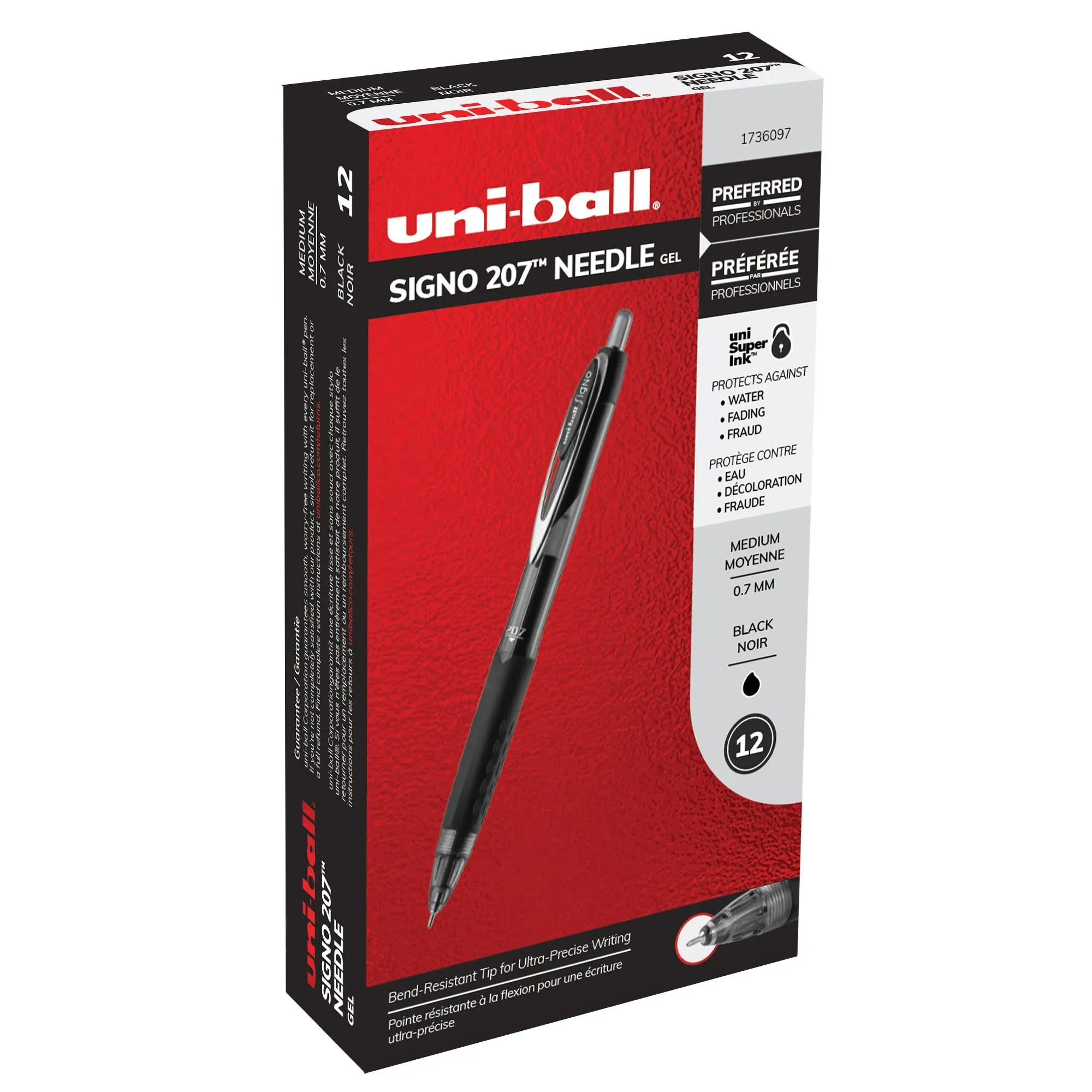 Uni-Ball Signo 207 Needle Point Gel Pen Retractable Medium 0.7 mm Black Ink Black Barrel Dozen