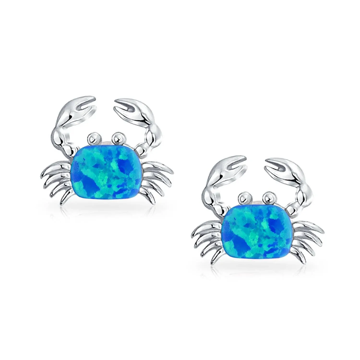 Small Gemstone White Tropical Vacation Nautical Created Opal Beach Sand Crab Stud Earrings For Women .925 Sterling Silver October Birthstone