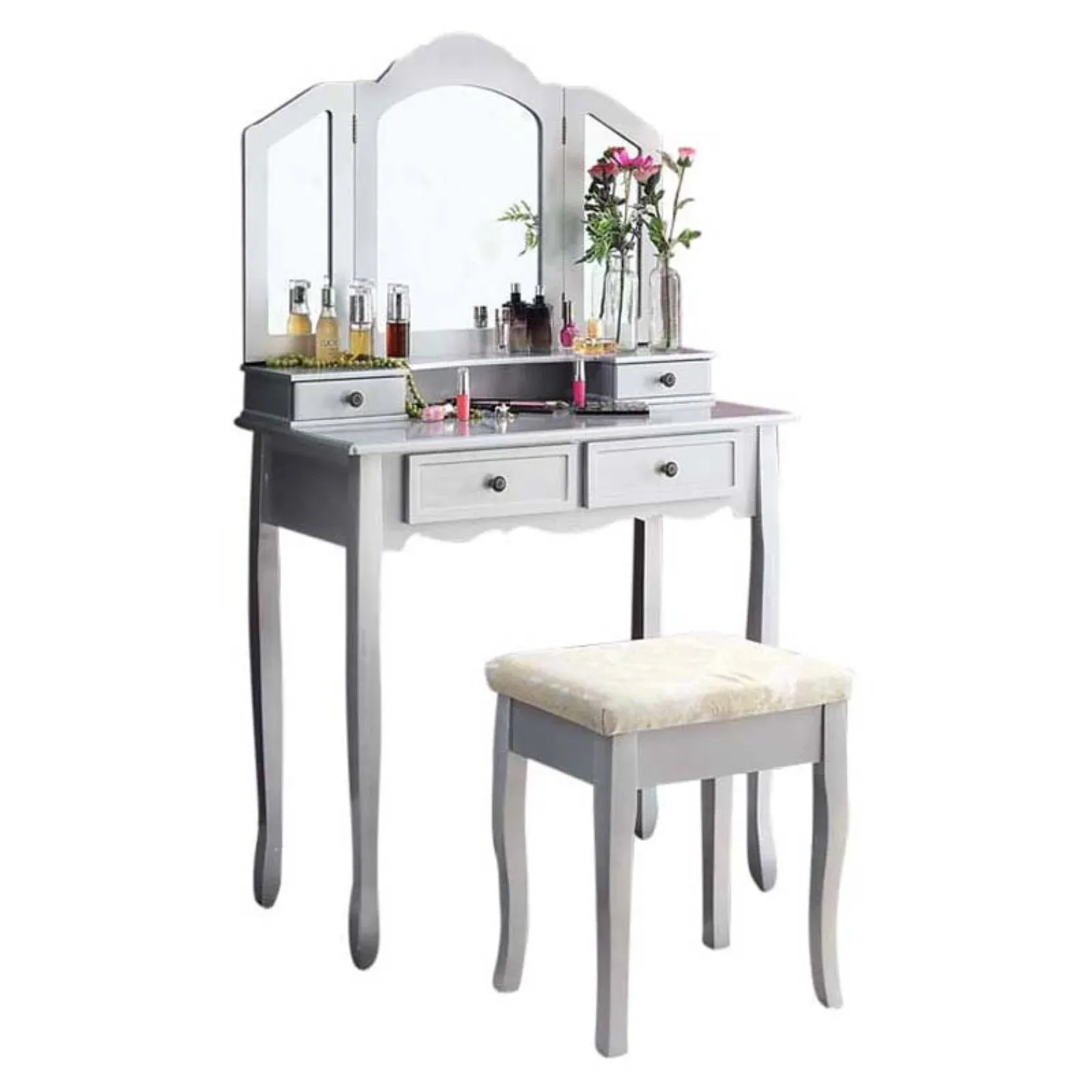 Roundhill Furniture Sanlo Wooden Vanity | Make Up Table and Stool Set | Silver