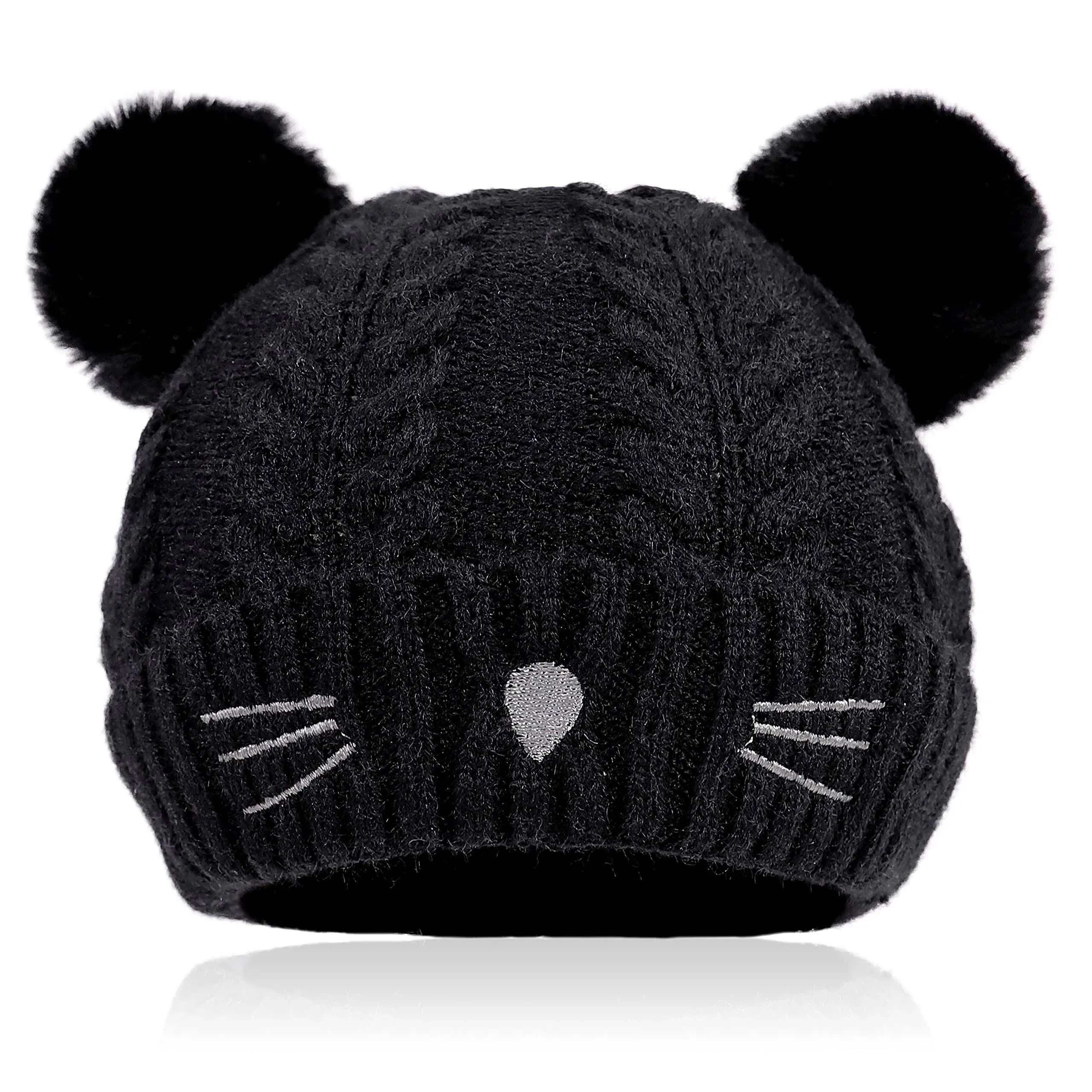 Bienvenu Baby Toddler Infant Boy Girl Winter Beanie Hat, Cat Embroidered Pom Knit Hat, Newborn Fleece Lined Warm Skull Cap