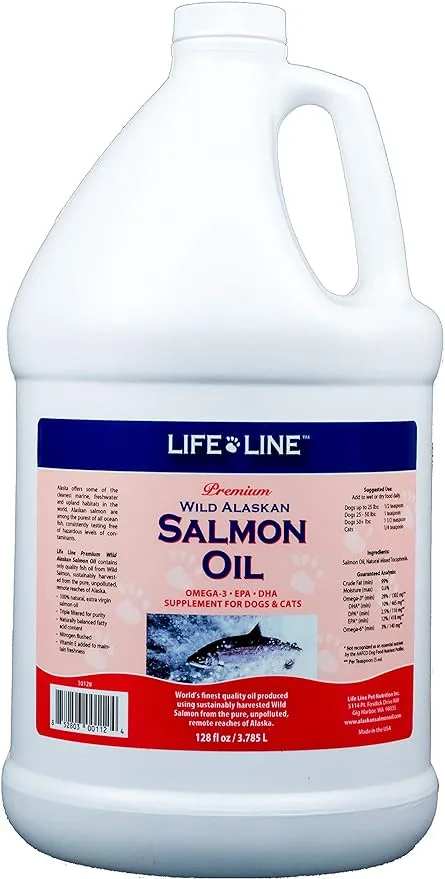 Life Line Wild Alaskan Salmon Oil f/ pets, dogs, cats, FRESH Premium, 1/2 gallon