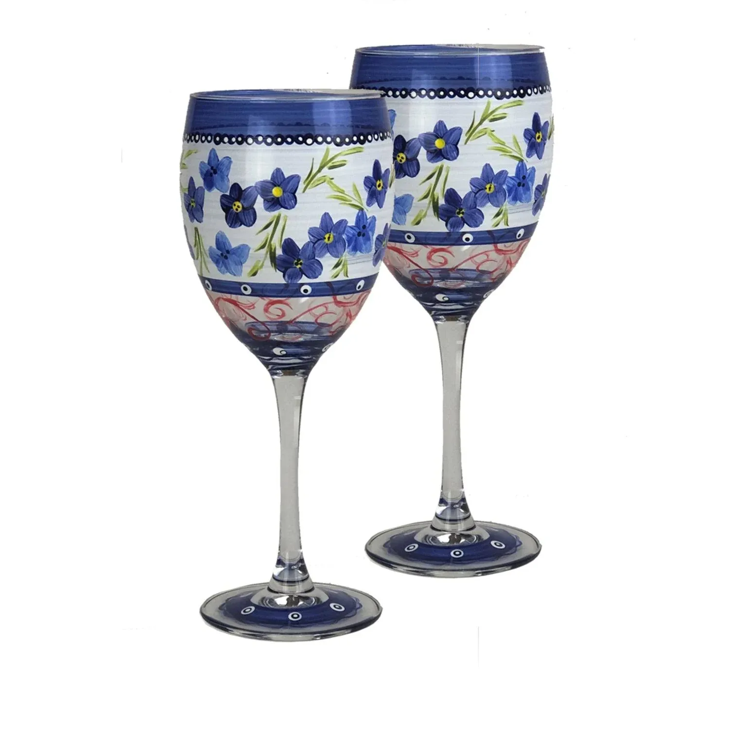 Golden Hill Studio Hand Painted Decorative Wine Glasses Set of 2 - Barcelona Blue Flower Collection - Hand Painted Glassware by USA Artists - Unique Wine Glasses - Ideal Table & Home D√©cor