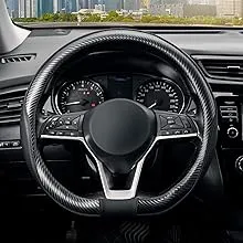 SEG Direct Flat Bottom Steering Wheel Cover Carbon Fiber, D Shaped Car Wheel Cover 14 1/2-15 in. (37-39 cm), Black Microfiber Leather with Carbon Fiber Pattern