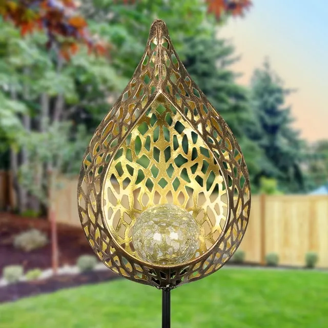 Exhart Solar Filigree Open Flame 2.92 ft. Gold Metal Garden Stake