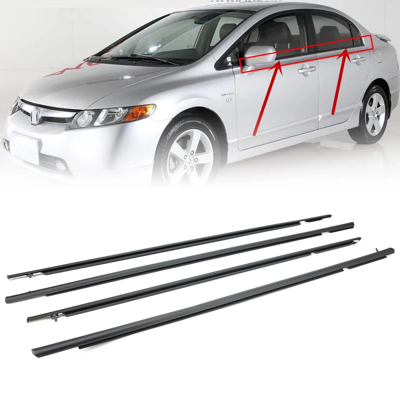 4Pcs Weatherstrip Window Moulding Trim Seal Belt Compatible with 2006-2011 Honda Civic Replace# 72460-SNA-A01 72410-SNA-A01