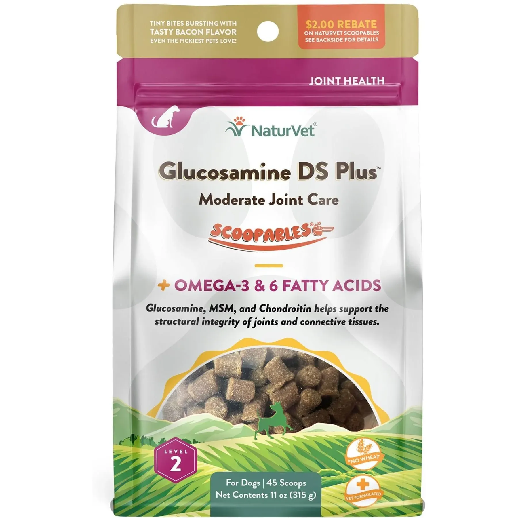 NaturVet Scoopables Dog Joint Supplement - Glucosamine DS Plus Level 2 Moderate Hip & Joint Care for Dogs w/Chondroitin & MSM - Hickory Smoked Bacon Flavored Pet Health Supplements | 11oz Bag