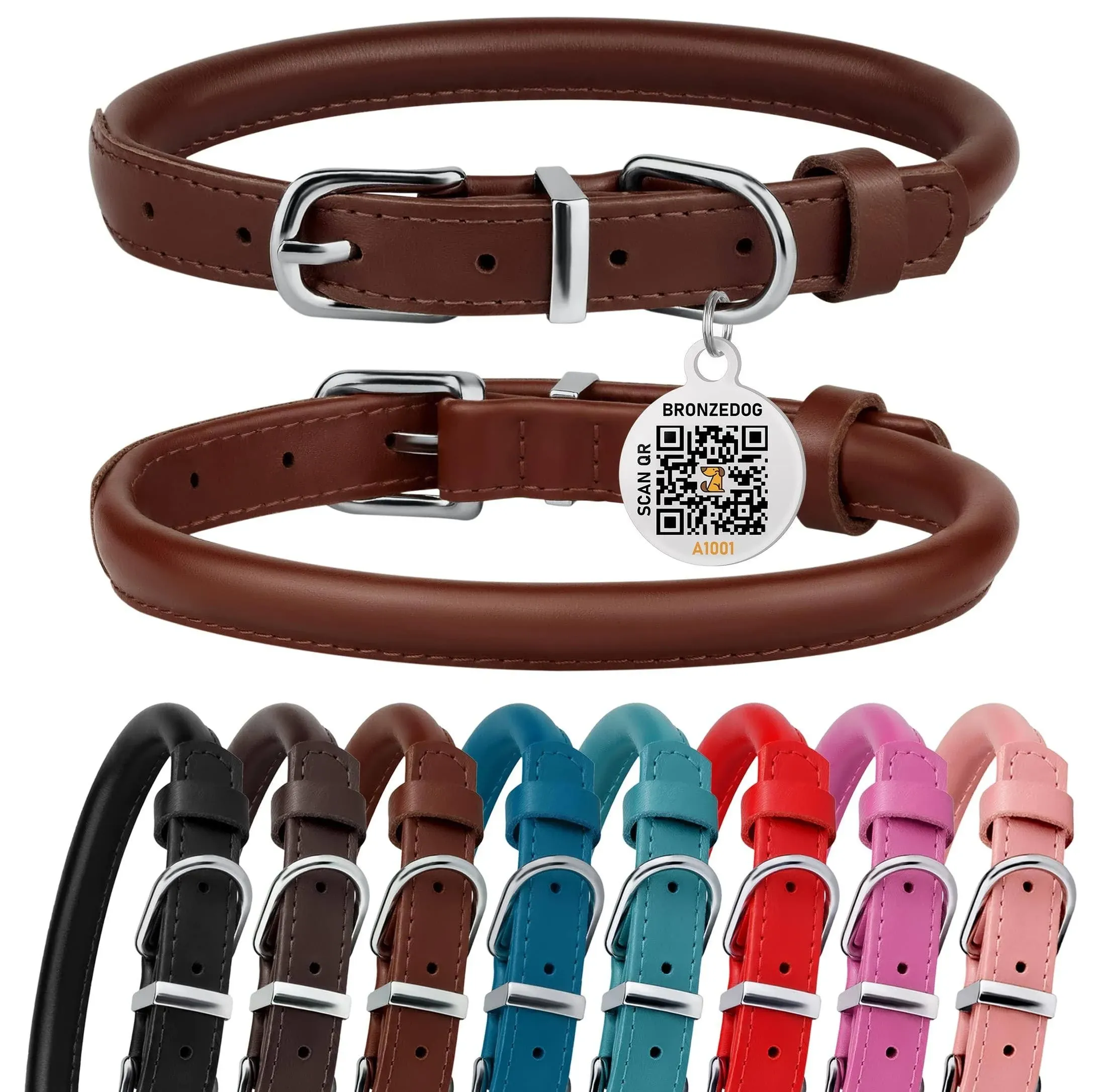 BRONZEDOG Rolled Leather Dog Collar with QR ID Dog Tag Round Personalized Pet ...