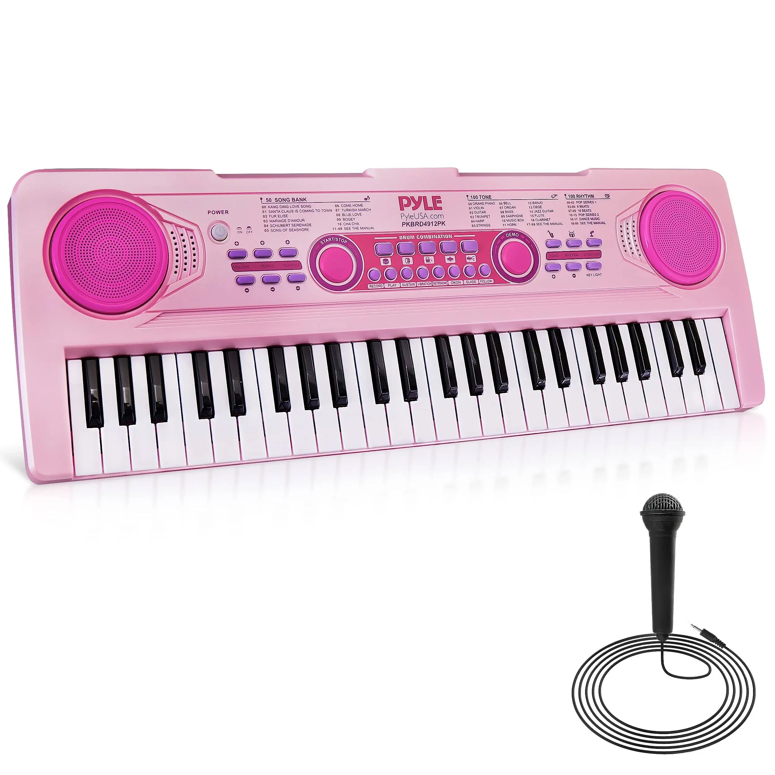 Pyle Portable Electric 49 Key 2 in 1 Karaoke Piano Keyboard & Microphone, Pink