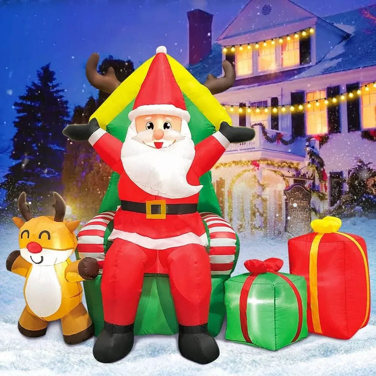 DomKom 7 ft Christmas Inflatable Outdoor Decorations Santa Claus with Reindeer ...