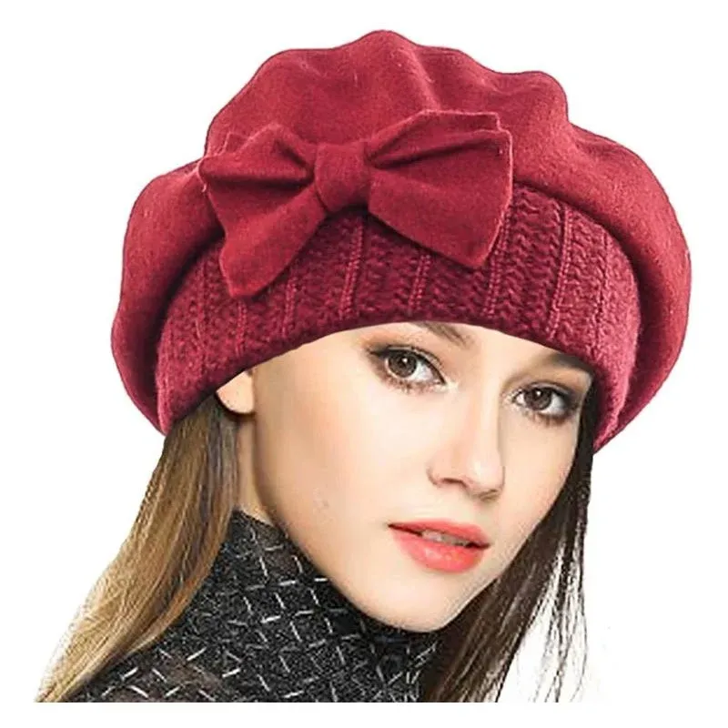 VECRY Lady French Beret 100% Wool Beret Floral Dress Beanie Winter Hat (Bow-Claret)